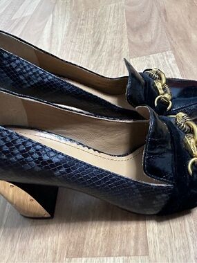 Tory Burch Black Snake-Embossed Leather Loafers with Gold Hardware